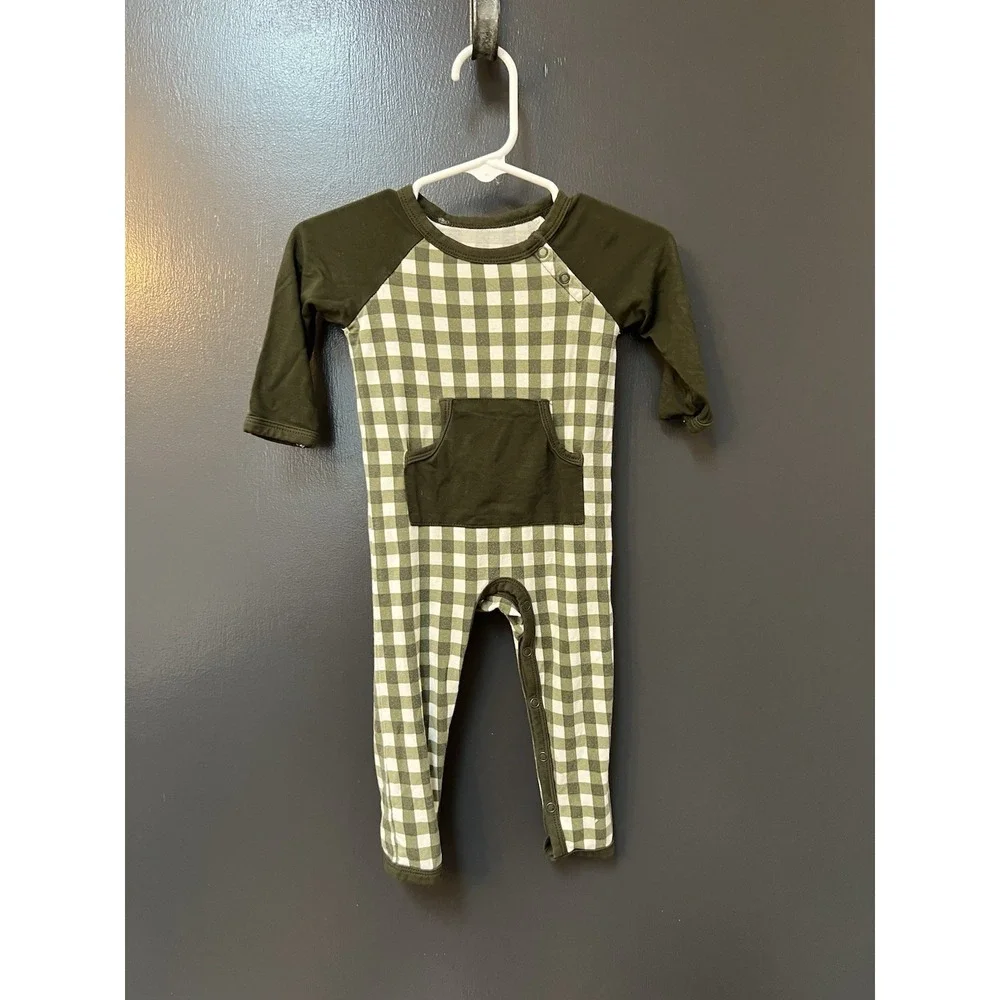 Kyte Baby Romper One-Piece Green Gingham Short Sleeve Snap Pocket 3-6M